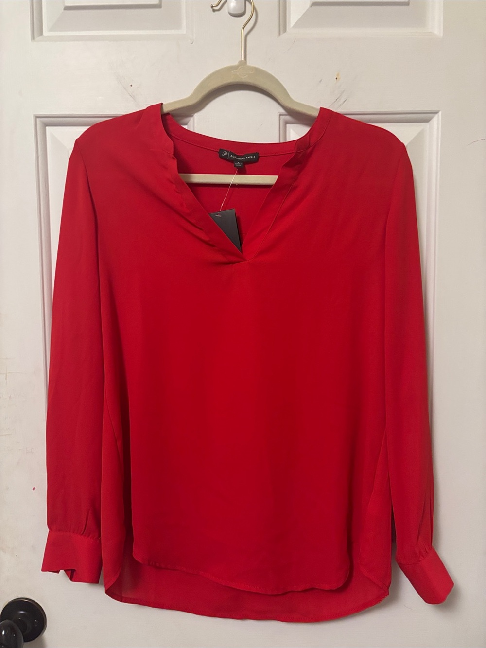 Adrianna Papell Collection Red Split V-Neck Long Sleeve Blouse Size Small S